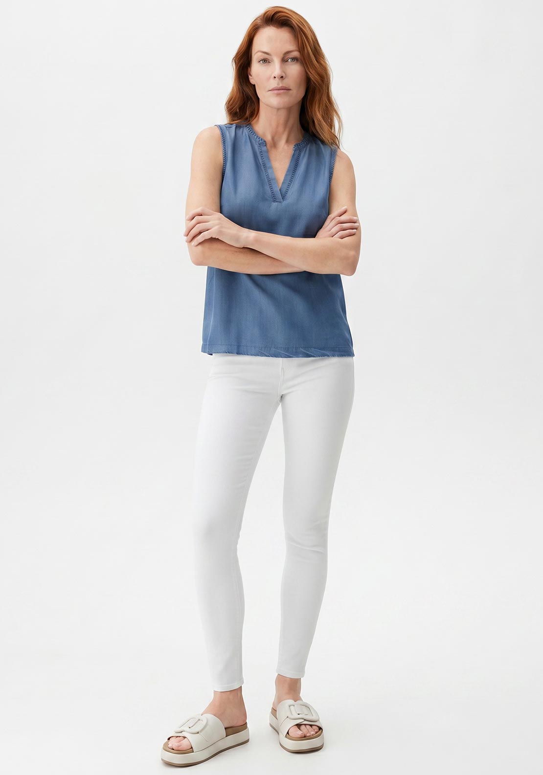 B.Young Kosmo Sleeveless Denim Look Blouse, Blue