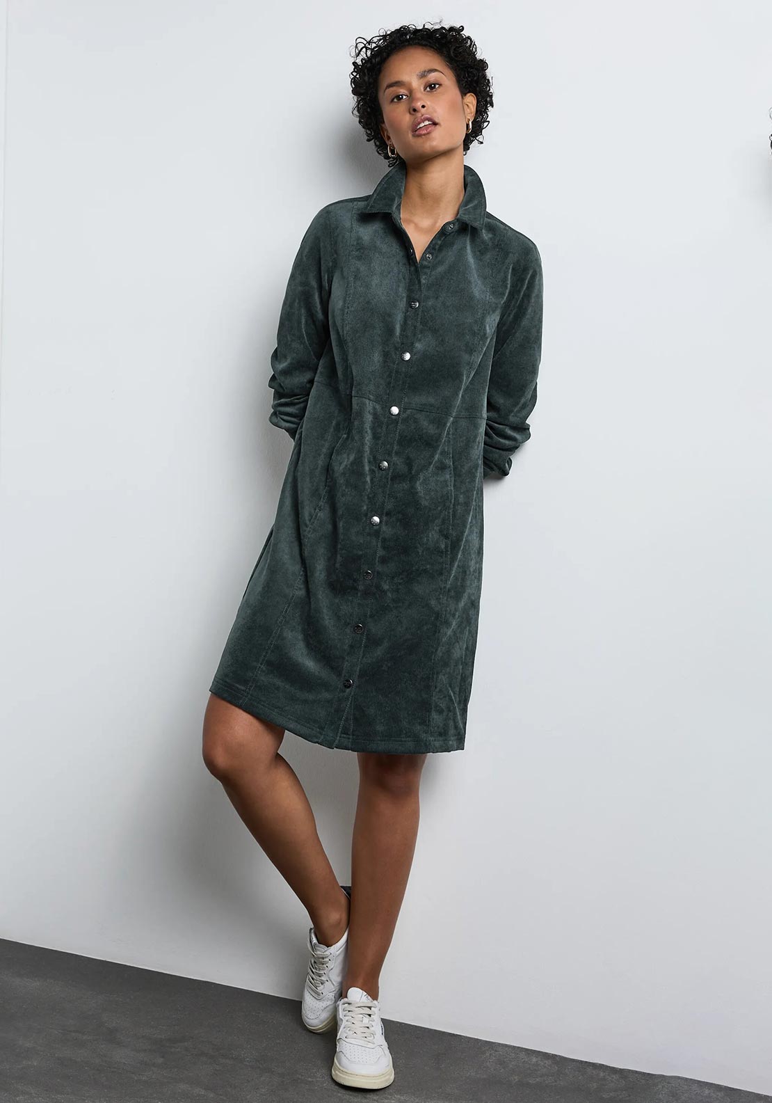 green cord shirt dress Green Corduroy Button Down Collared Maternity Dress