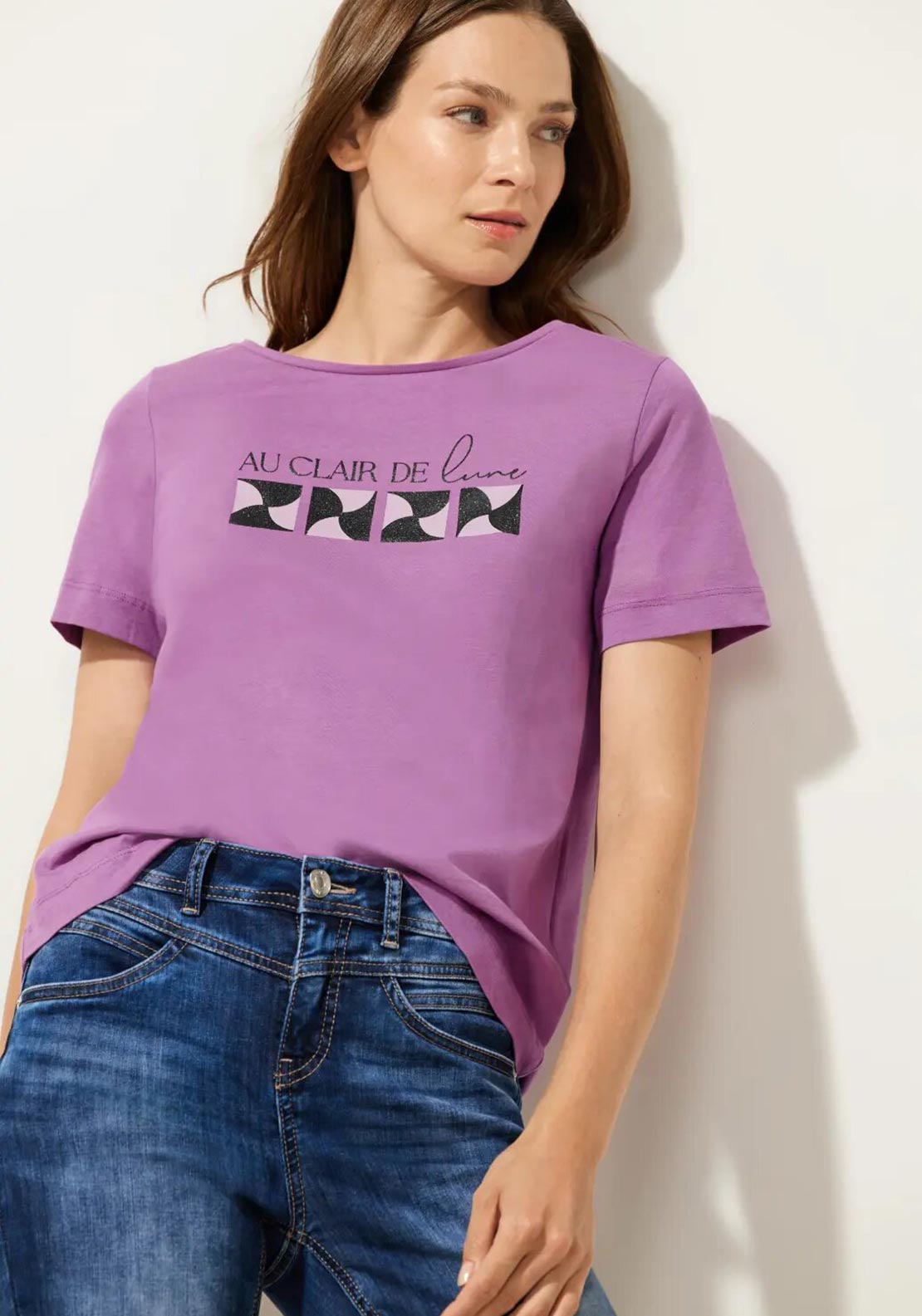 Street One Glitter Print T-Shirt, Meta Lilac - McElhinneys