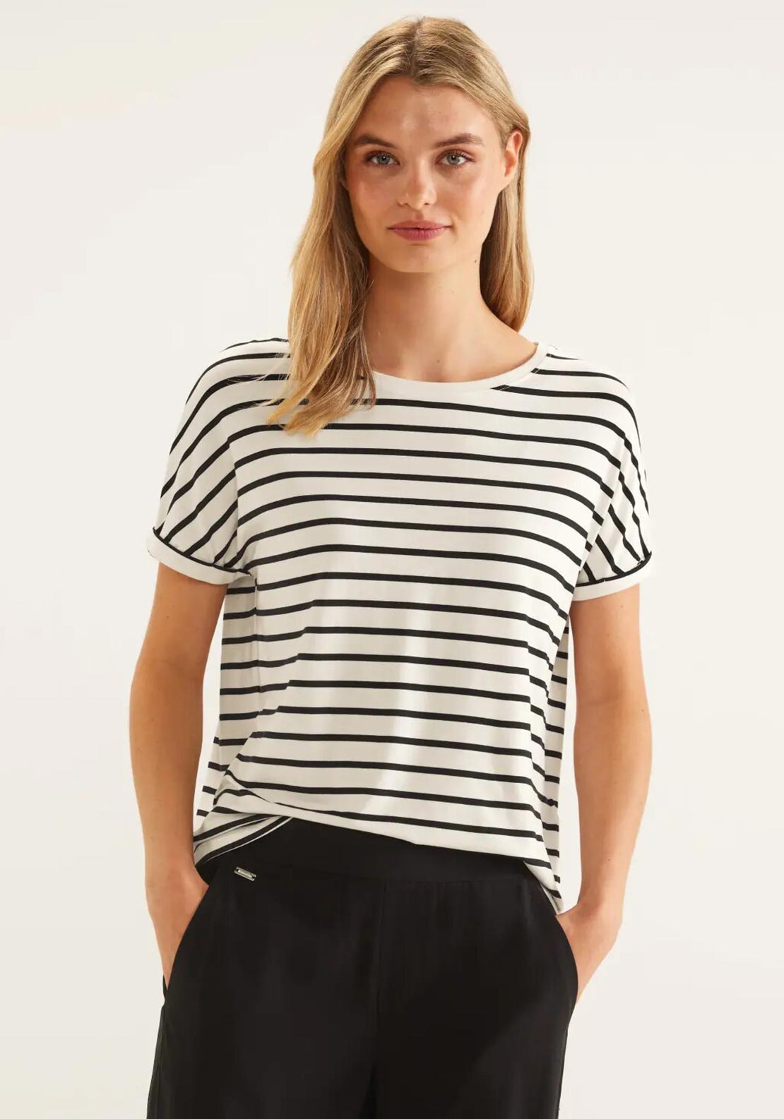 Street One Striped Batwing Sleeve T-Shirt, Black & White - McElhinneys