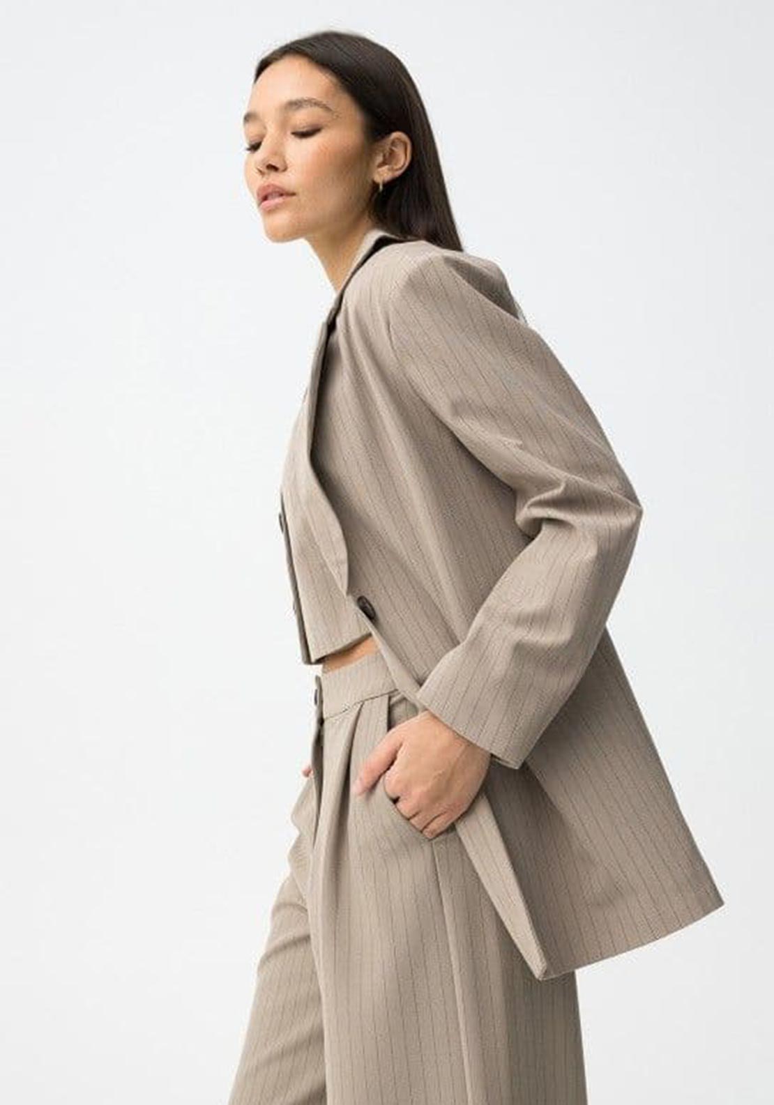 Tiffosi Pinstriped Open Neck Blazer, Taupe