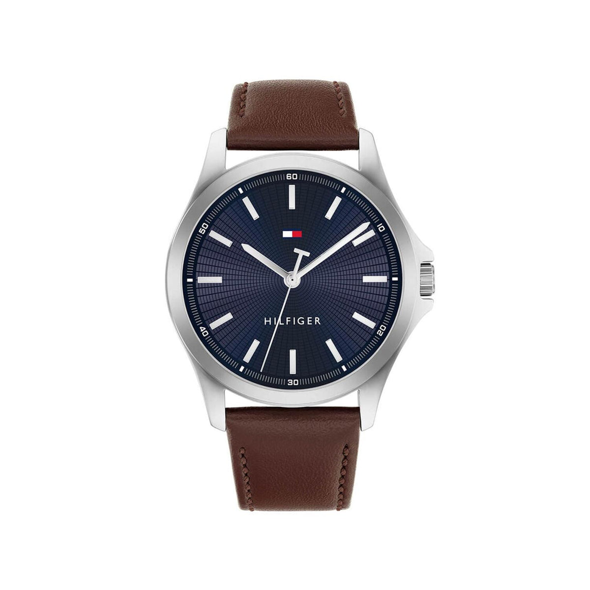 Tommy Hilfiger Blue Dial Leather Strap Watch, Silver
