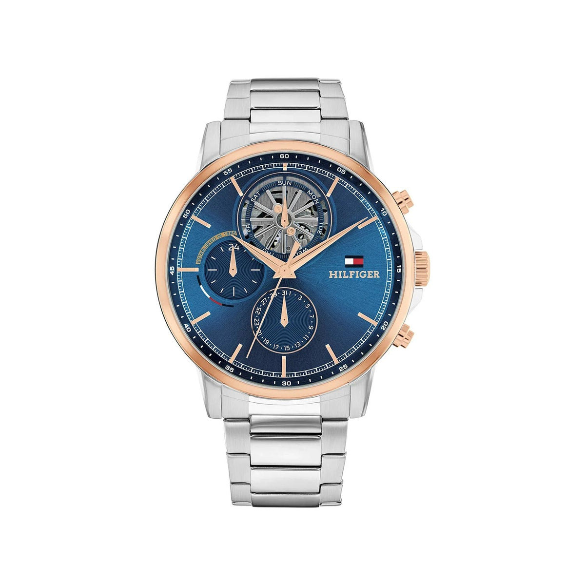 Tommy Hilfiger Men’s Stewart Blue Dial Watch, Silver & Rose Gold
