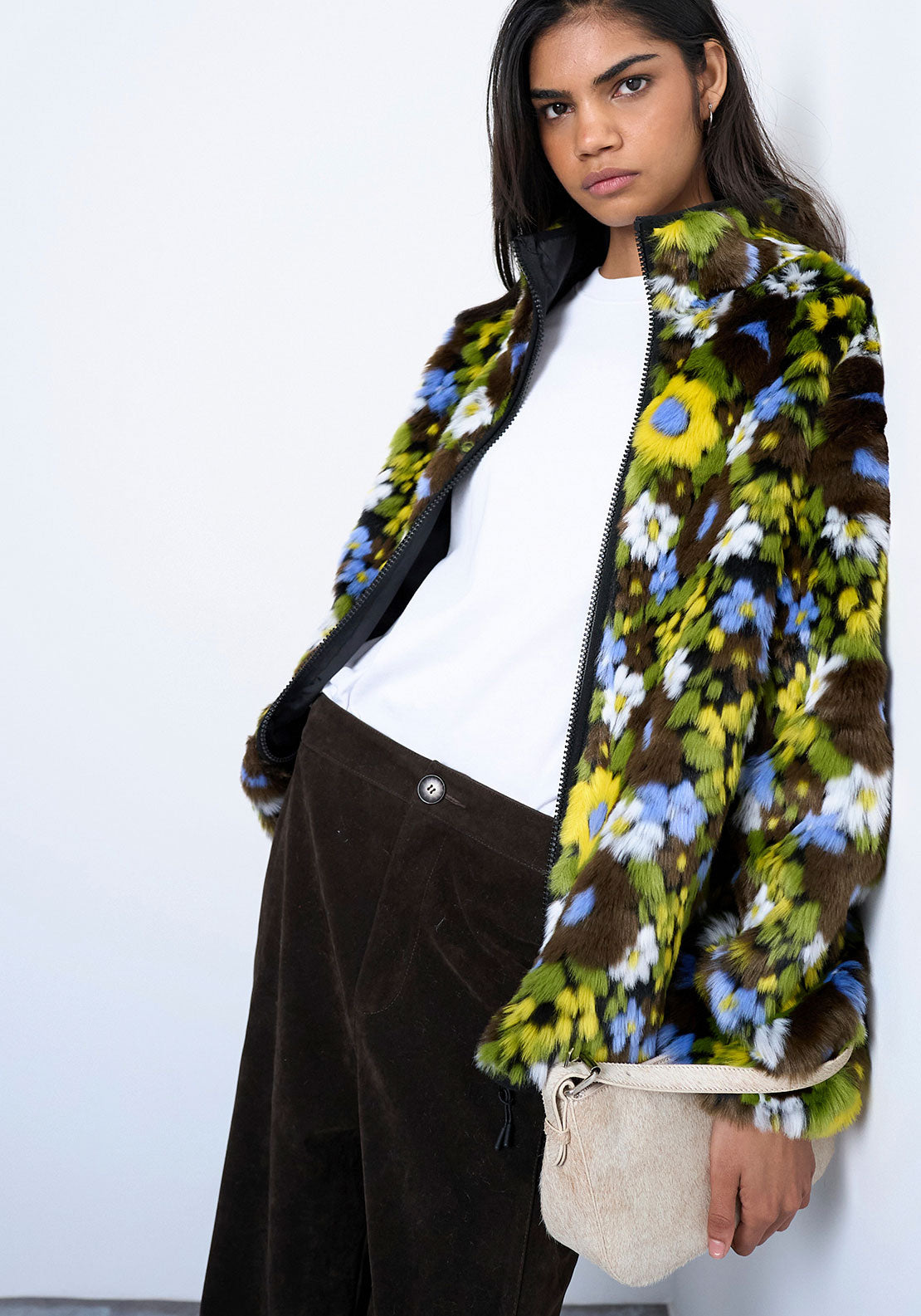 TOPSHOP Celia Flower Faux Fur Bomber Jacket, Green - McElhinneys