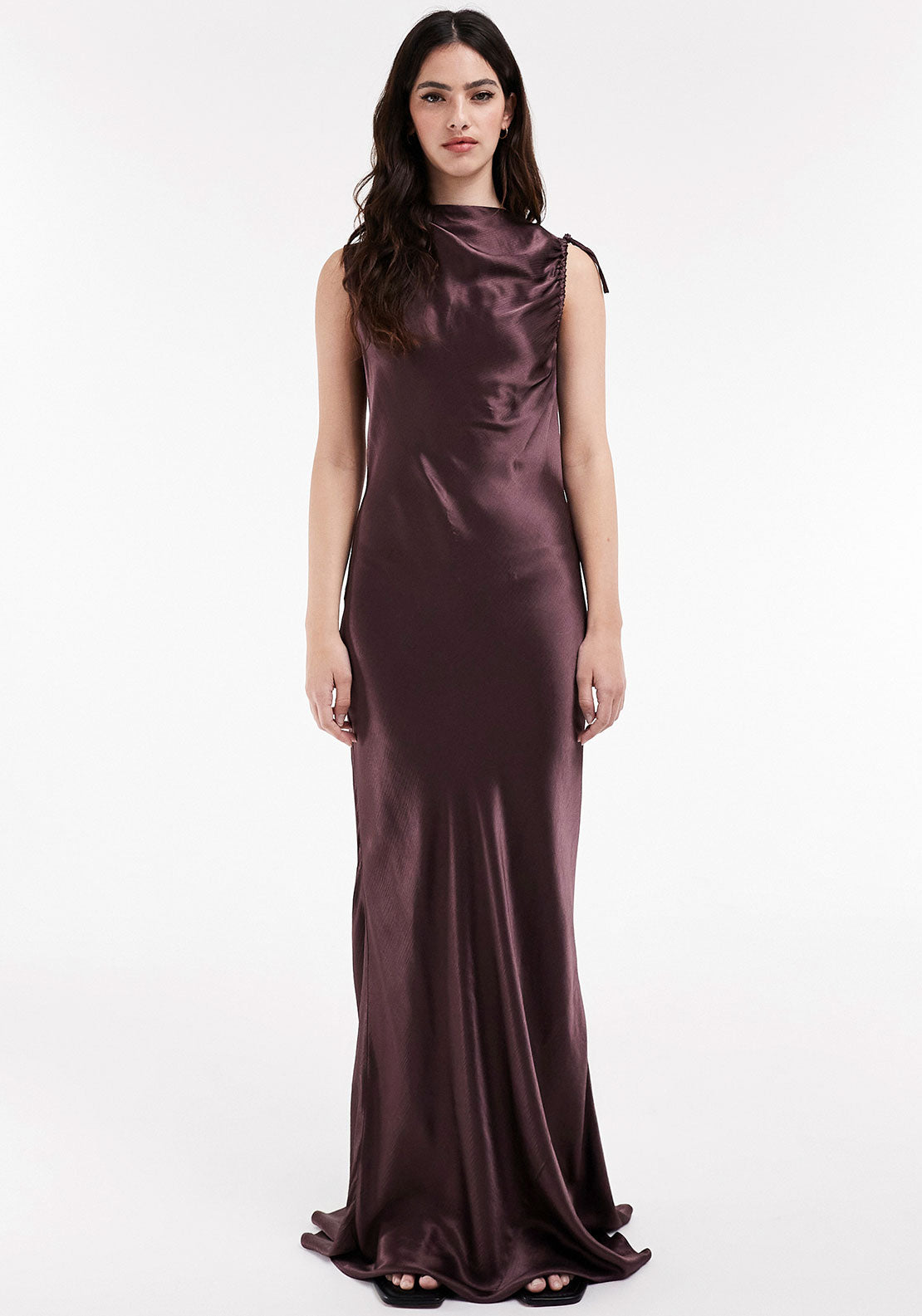 topshop brown satin dress Topshop ruffle shoulder satin slip dress in chocolate
