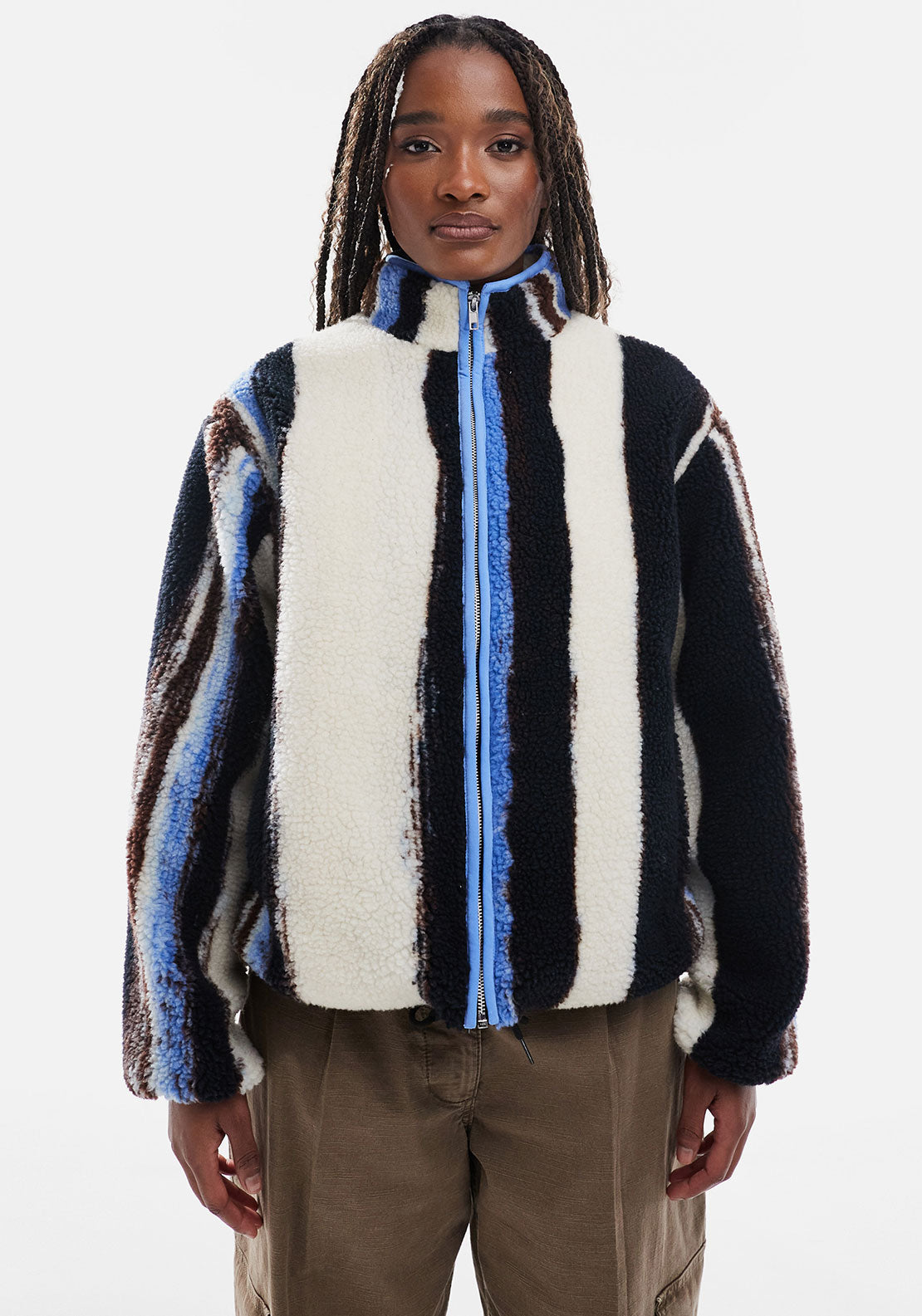 TOPSHOP Bea Multi Stripe Zip Fleece Jacket, Cream Multi