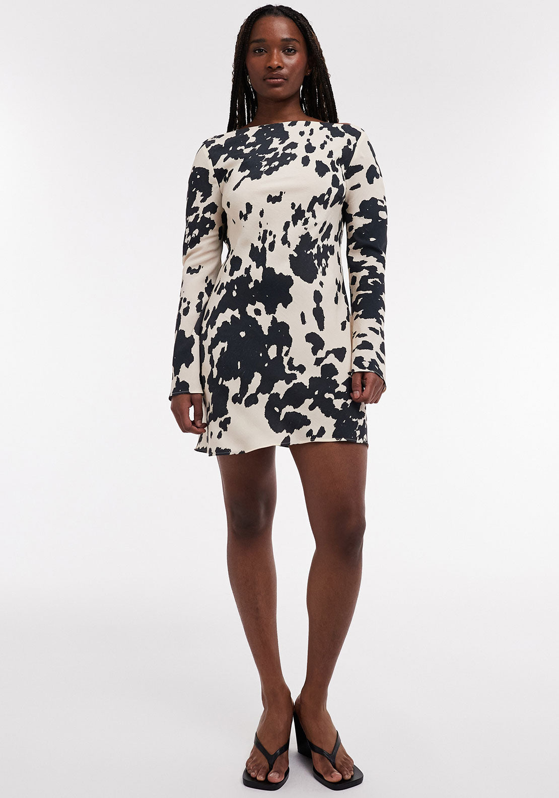 black and white cow print dress Black Crepe Short Sleeve Mini Dress – self-portrait-US