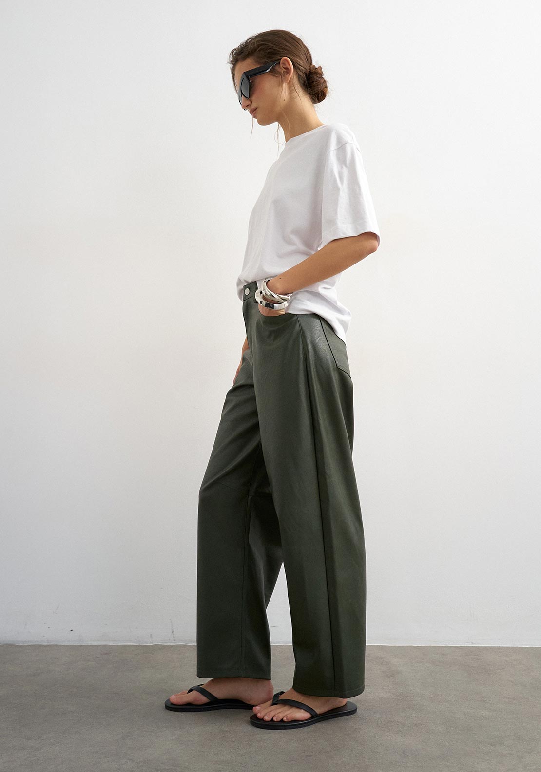 TOPSHOP Talla Faux Leather Barrel Leg Trousers, Green