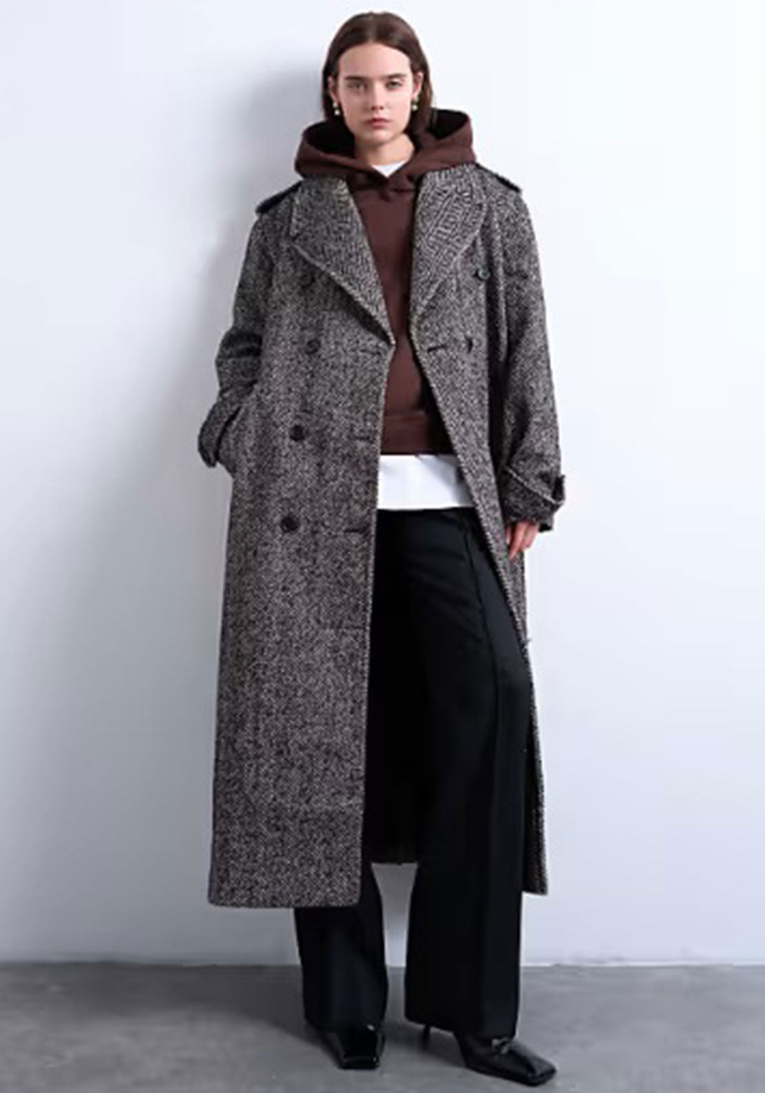 TOPSHOP Cally Herringbone Long Coat, Black - McElhinneys