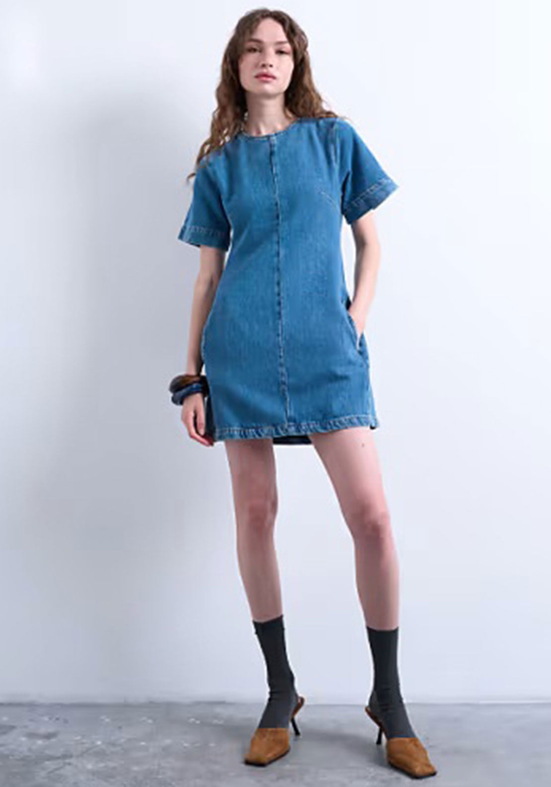 TOPSHOP Denim Short Sleeved Structured Mini Dress, Blue