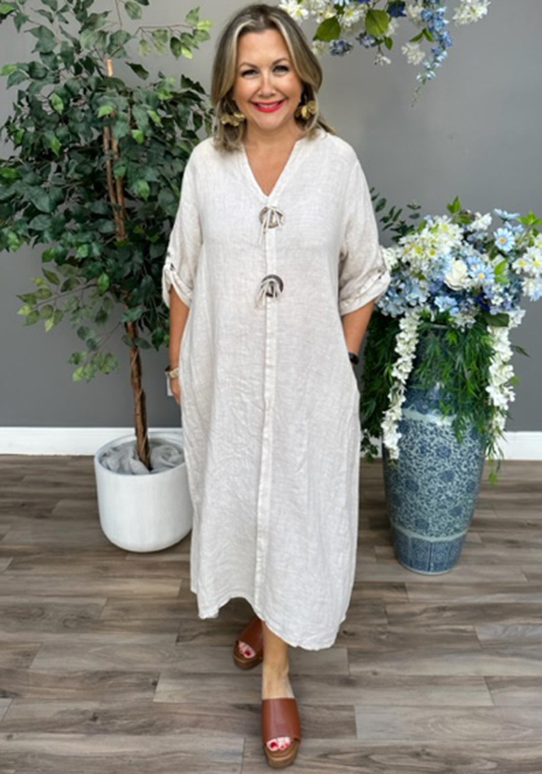 Serafina Collection One Size Linen Tunic Dress, Beige