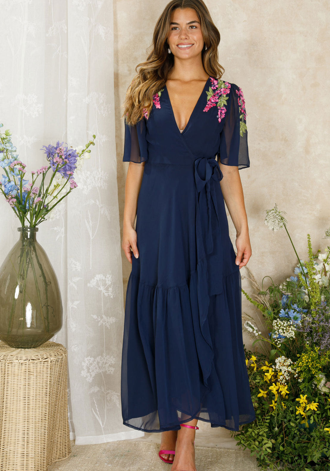 Hope & Ivy Grace Embellished Maxi Wrap Dress, Navy