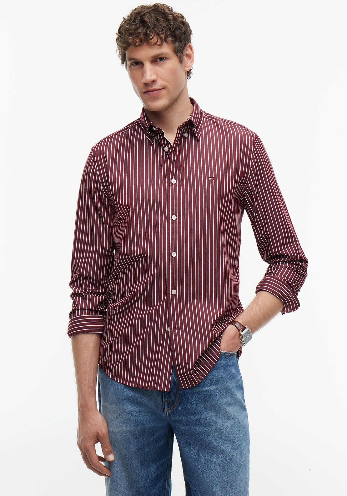 Tommy Hilfiger Flex Poplin Stripe Shirt, Burgundy