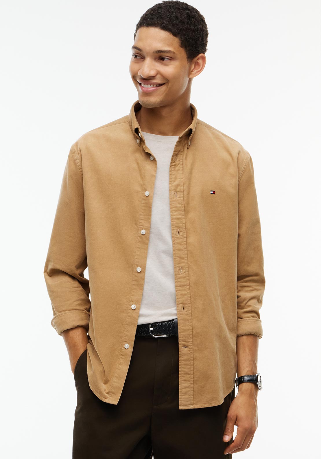 Tommy Hilfiger Flag Embroidered Corduroy Shirt, Beige
