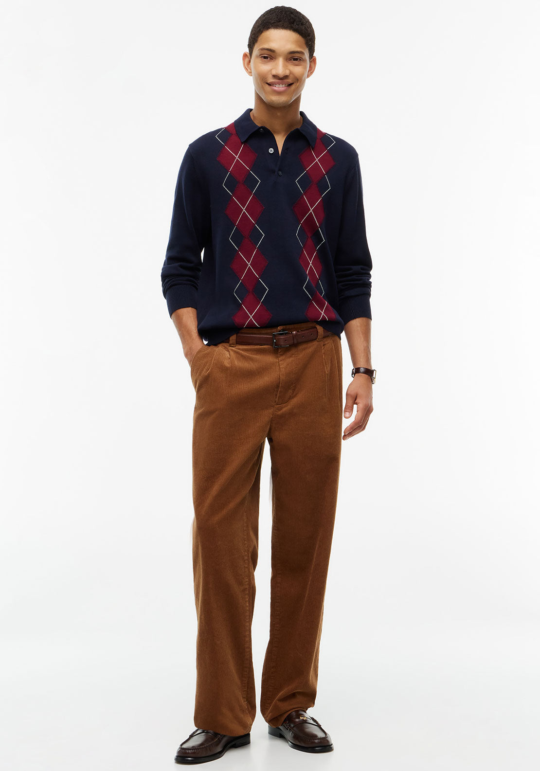 Tommy Hilfiger Argyle Knit Long Sleeve Polo Shirt, Navy Multi