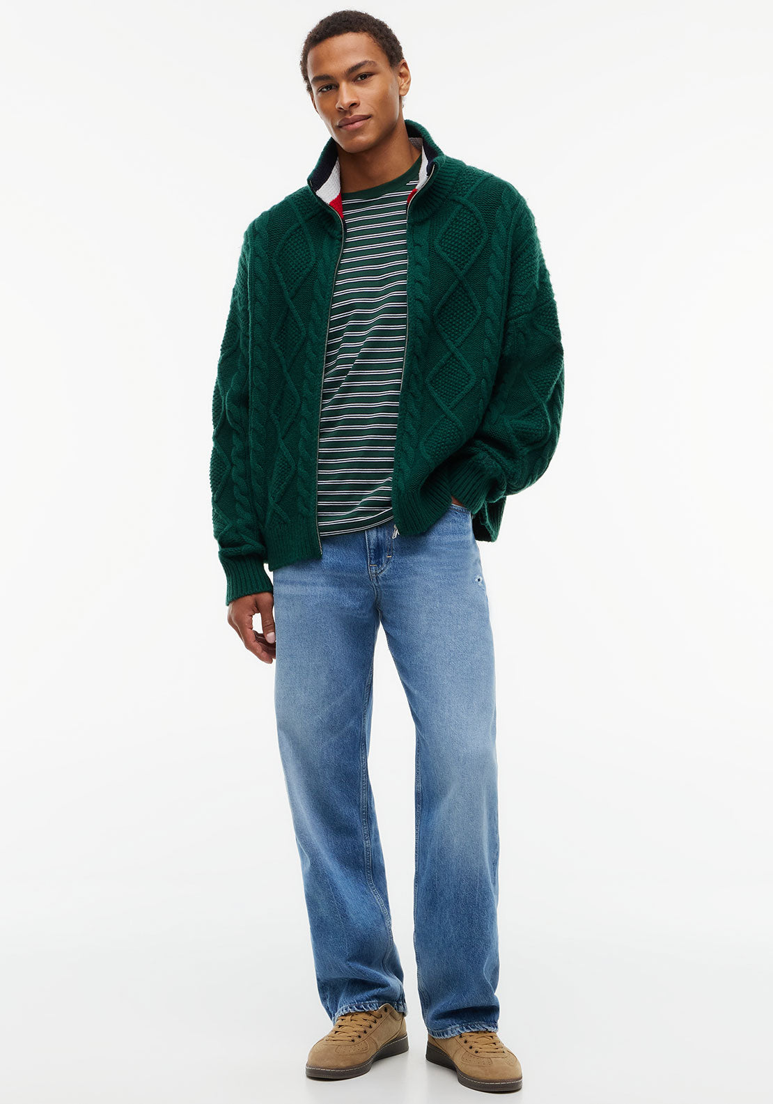 Tommy Jeans Heavy Cable Knit Full Zip Cardigan, Velvet Green