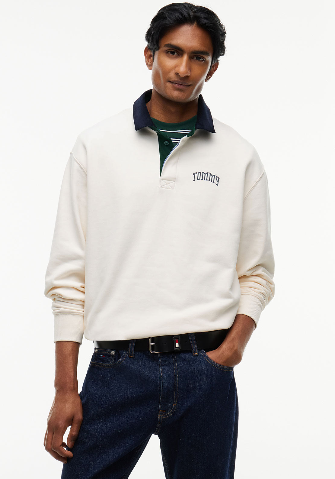 Tommy Jeans Contrast Collar Relaxed Rugby Sweatshirt, Off White Multi