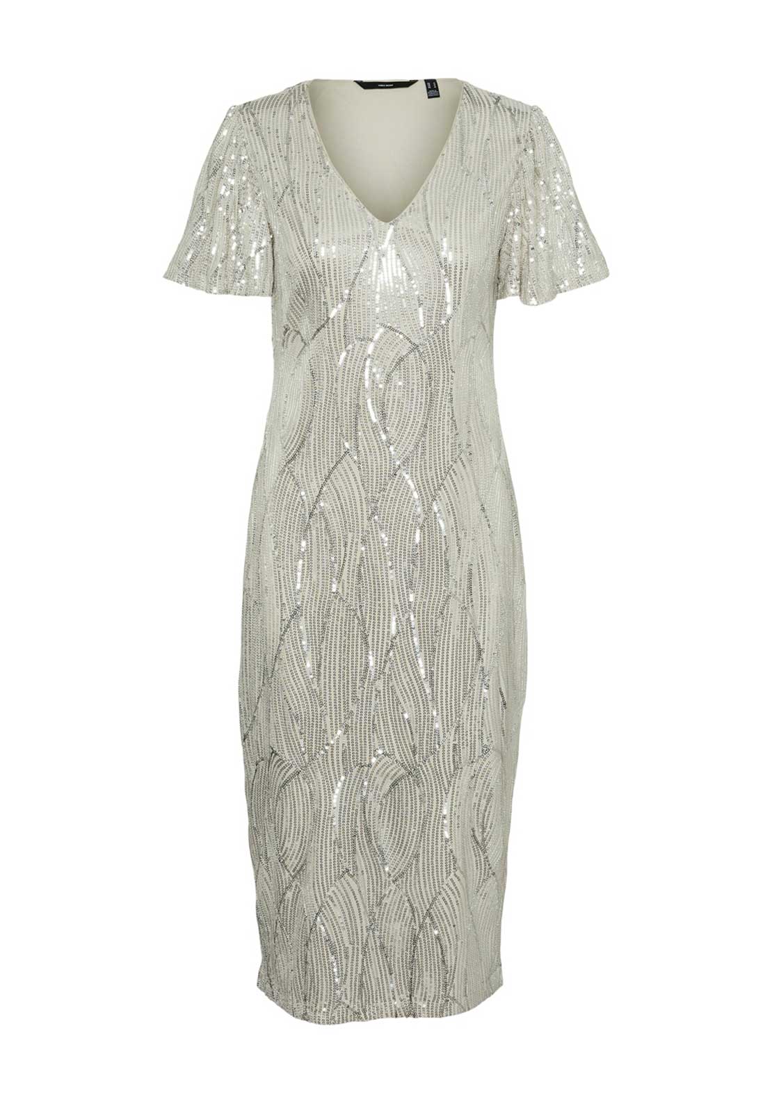slim fit dress slacks Vero Moda Ellen Sequin V Neck Dress, Champagne