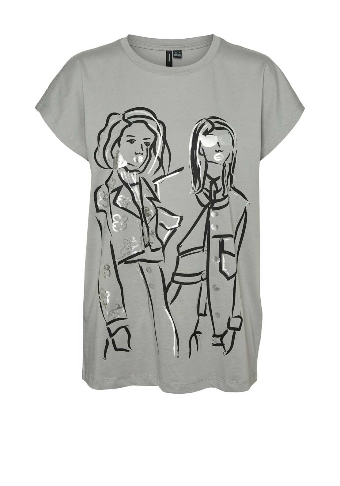 Vero Moda Eloi Metallic Girl Graphic T-Shirt, Griffin Grey