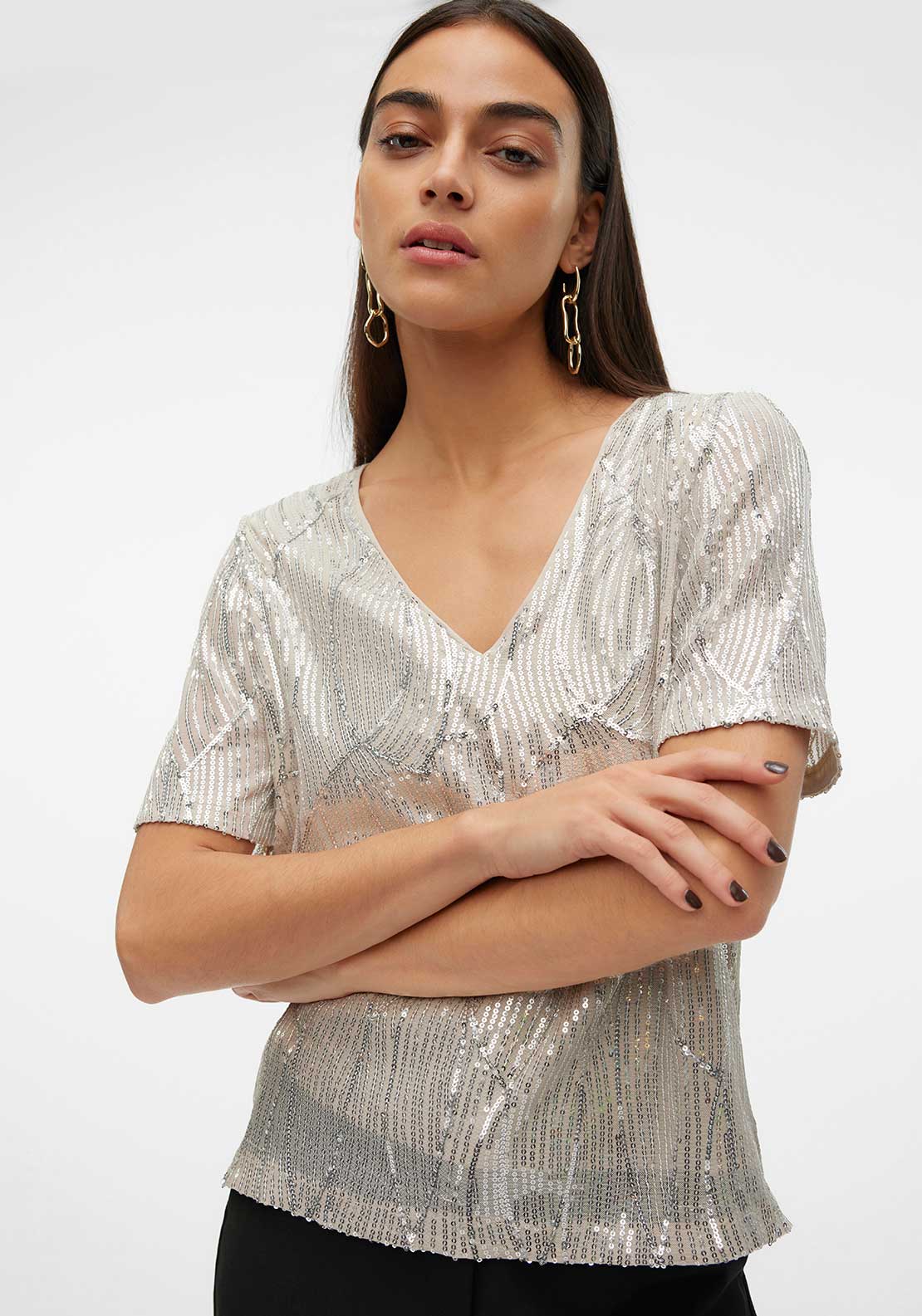 Vero Moda Ellen Sequin T Shirt, Champagne