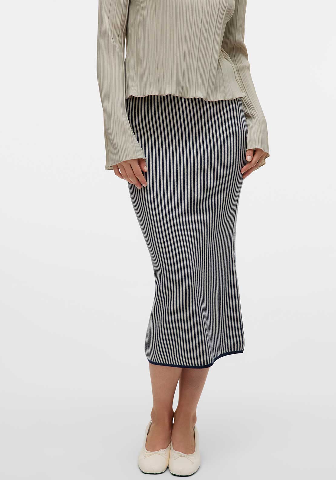 Vero Moda Gold Pinstripe Midi Pencil Skirt, Navy and White