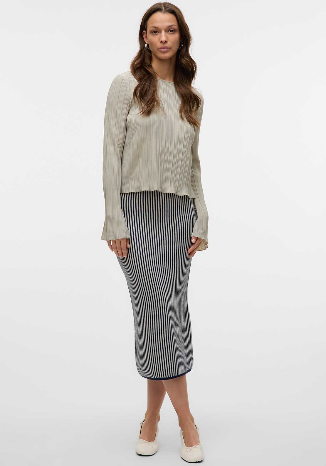 Vero Moda Gold Pinstripe Midi Pencil Skirt, Navy and White