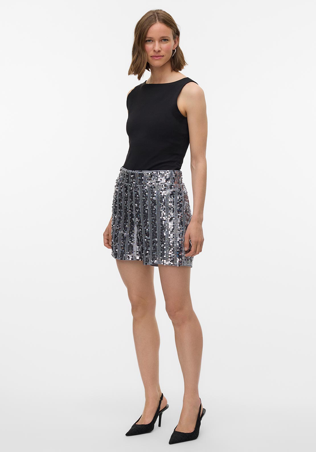 Vero Moda Efa Sequin Wide Shorts, Silver