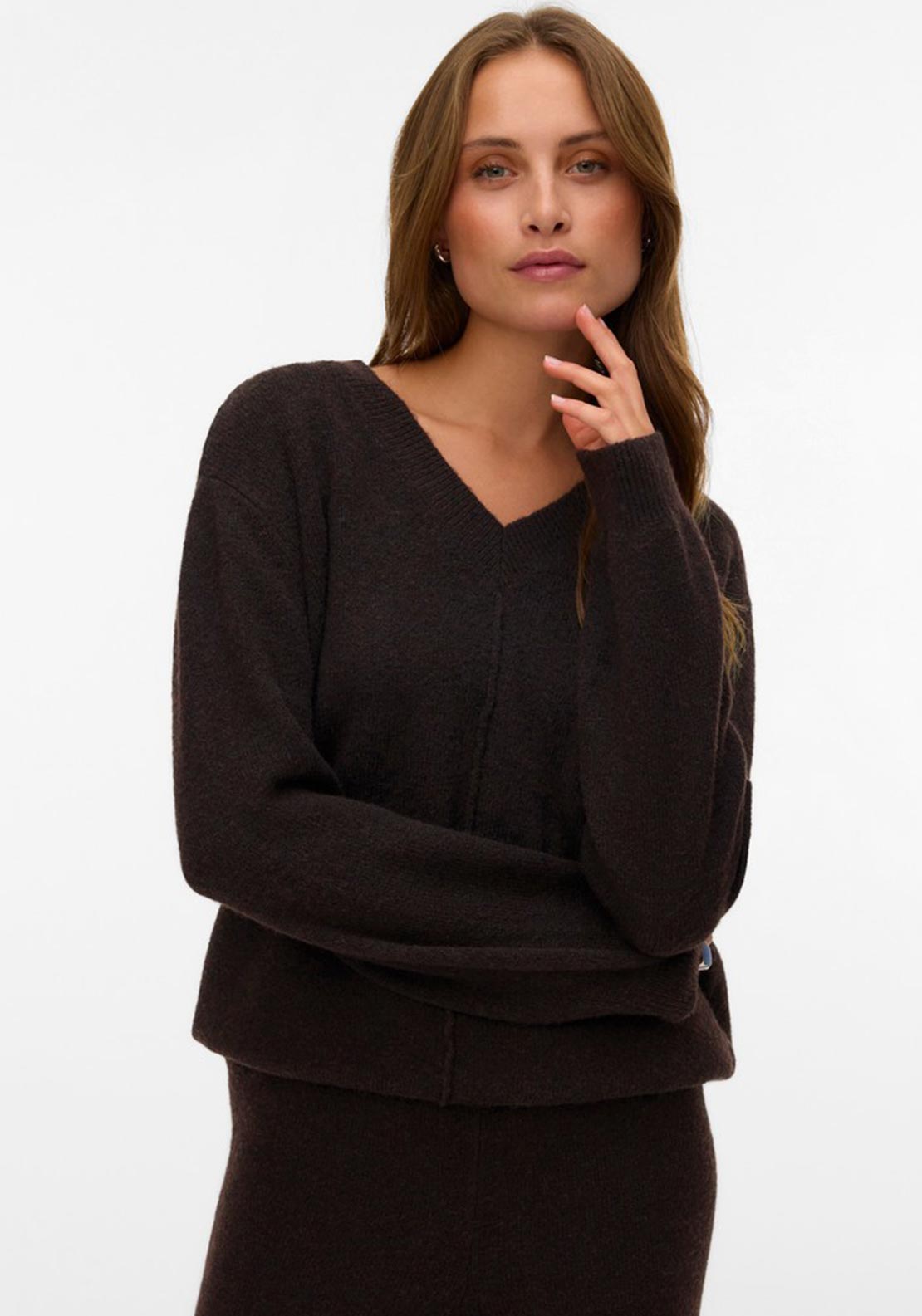 Vero Moda Besti V Neck Knit Jumper, Brown