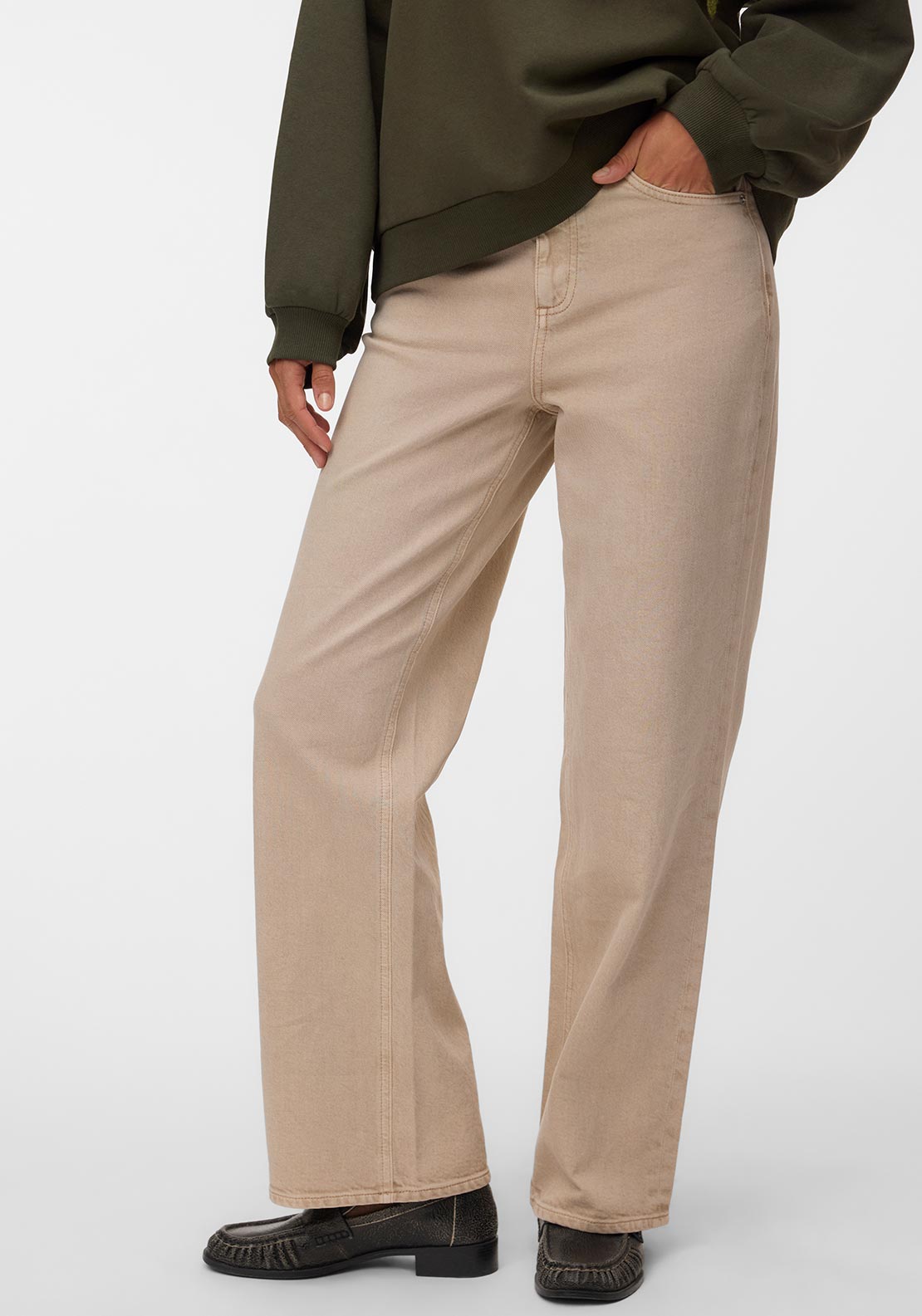 Vero Moda Tessa High Waisted Wide Leg Jeans, Beige