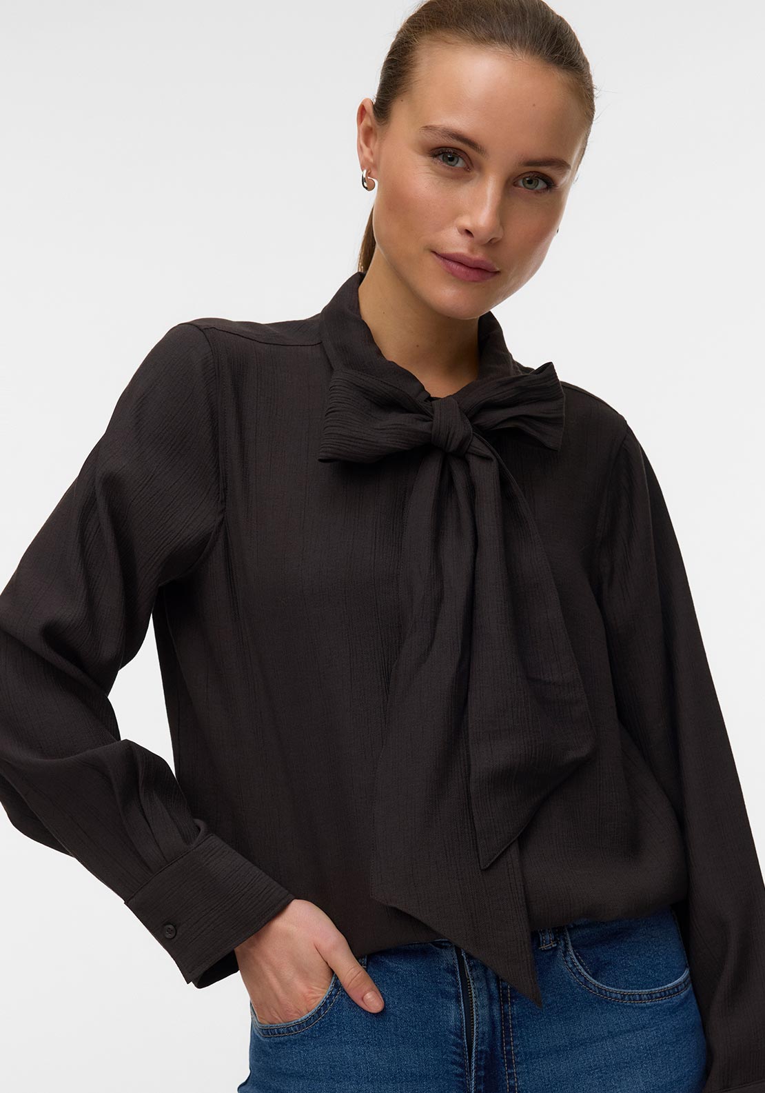 Vero Moda Jay Long Sleeve with Tie Detail Shirt, Brown
