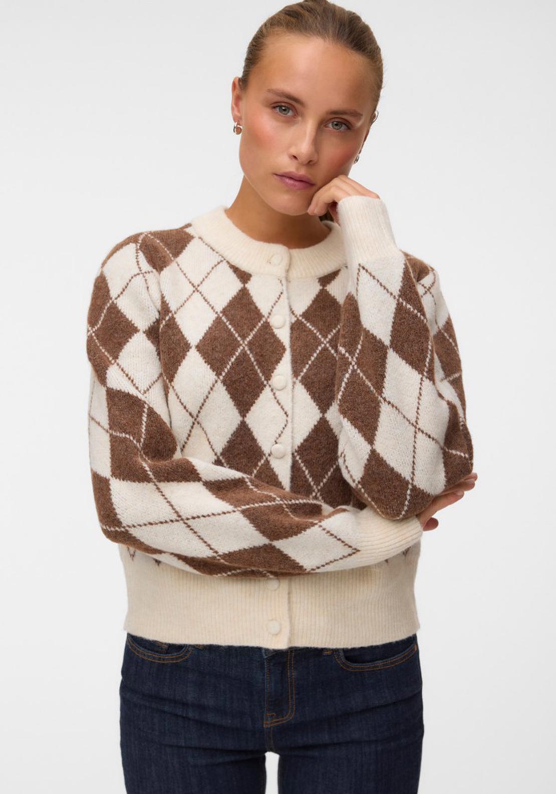 Vero Moda Halo Argyle Print Knitted Cardigan, Cream & Brown
