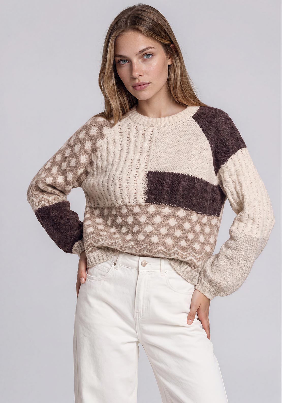 Vero Moda Kristin Round Neck Jumper, Cream & Brown