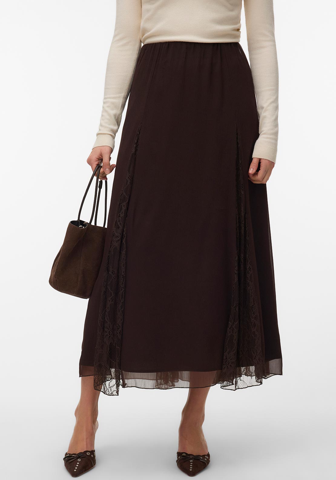 Vero Moda Lalie Lace Panel Maxi Skirt, Brown