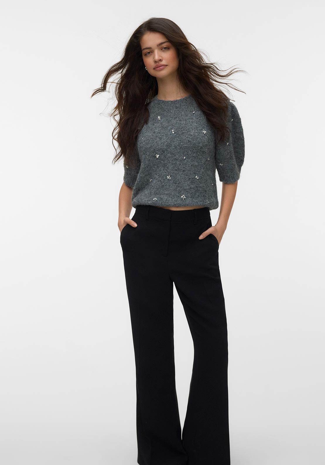 Vero Moda Claire Embellished Knit Top, Grey