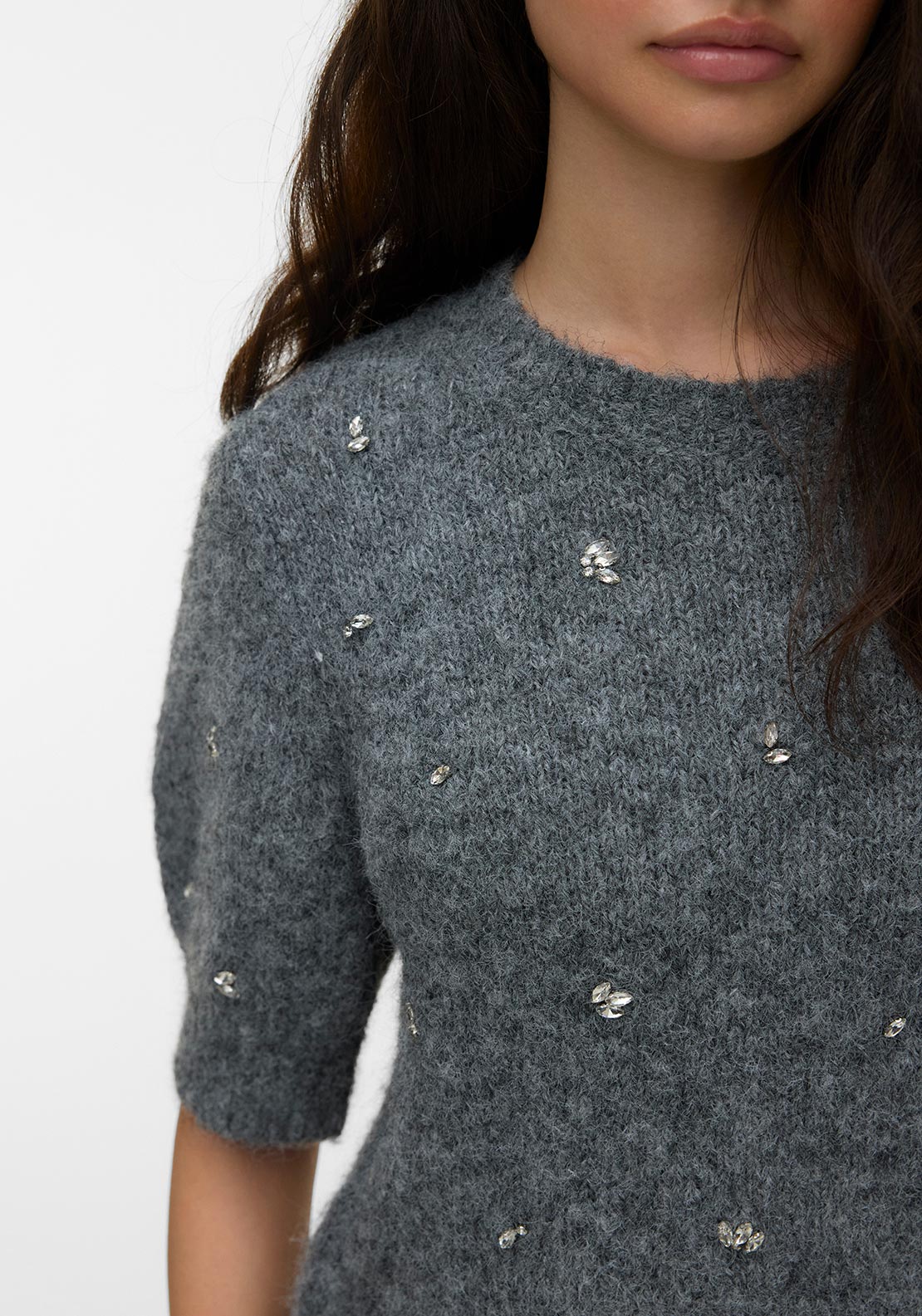 Vero Moda Claire Embellished Knit Top, Grey