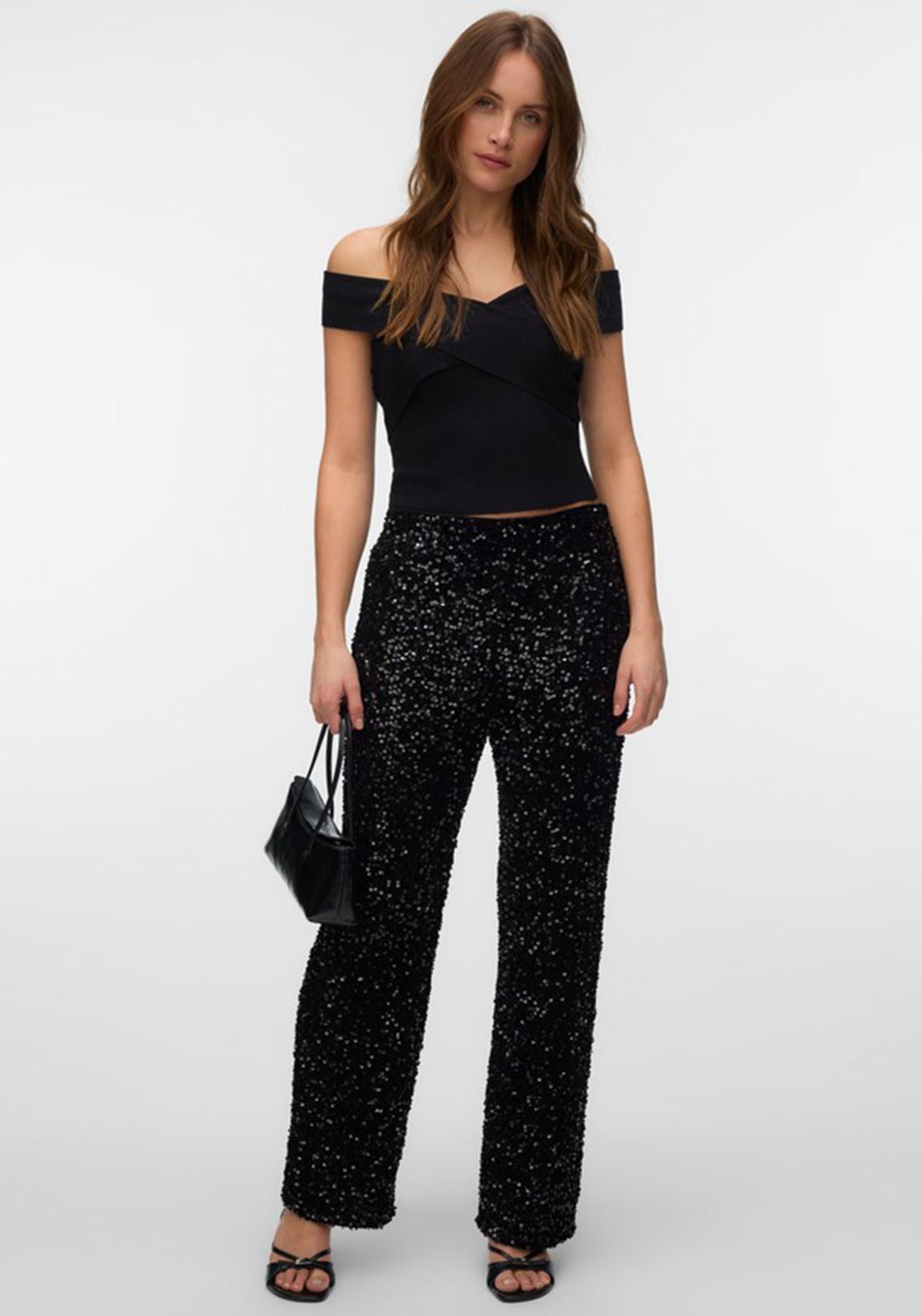 Vero Moda Bella Sequin Wide Leg Trousers, Black