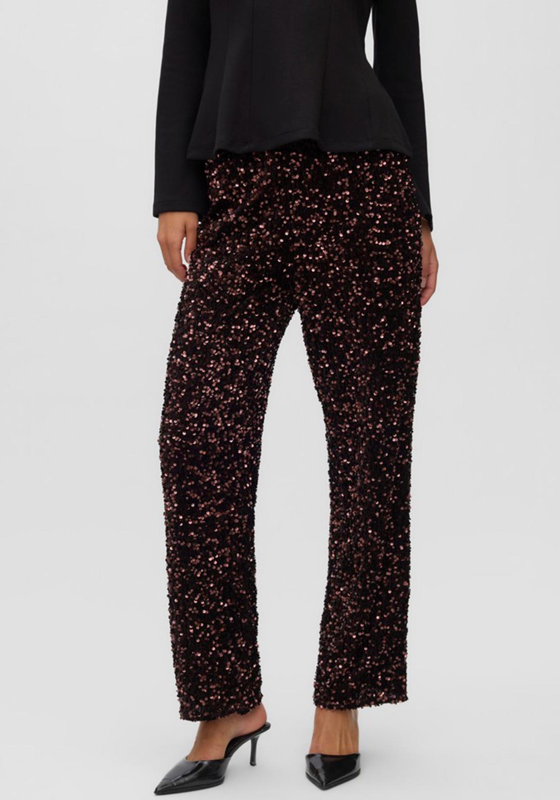 Vero Moda Bella Sequin Wide Leg Trousers, Brown