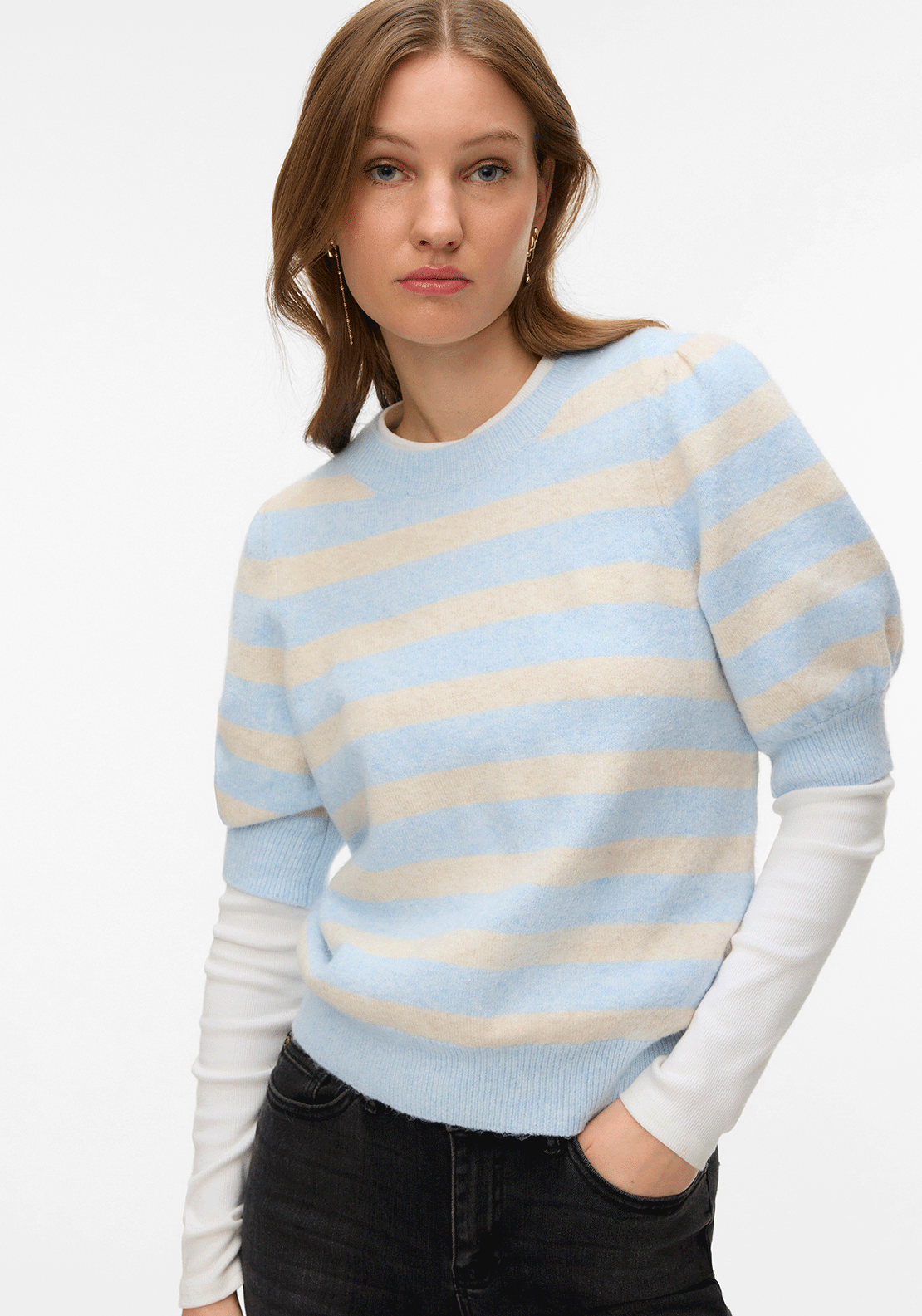 Vero Moda Doffy Short Sleeve Striped Knit Sweater, Blue and Cream