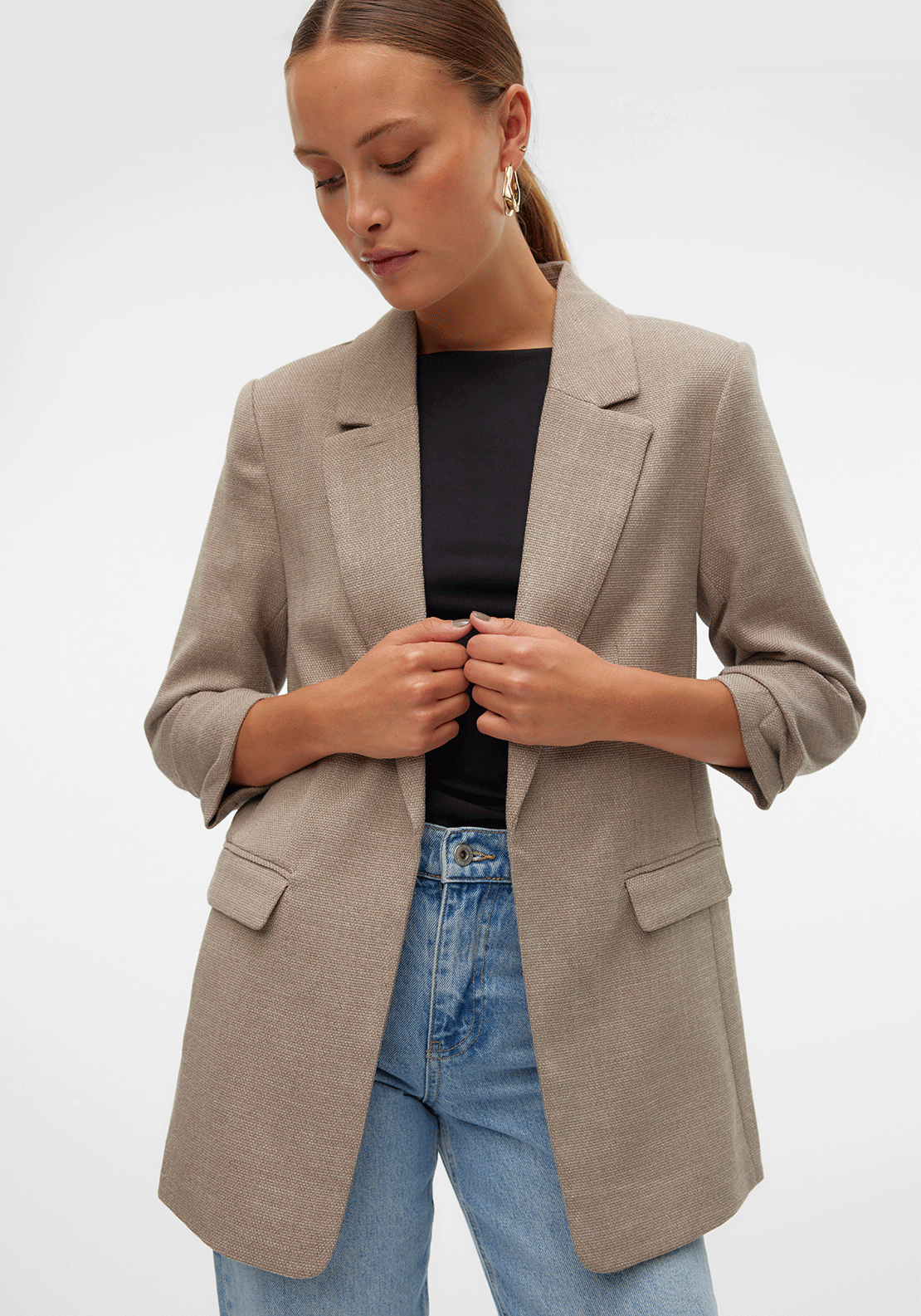 Vero Moda Frida Woven Ruched Sleeve Blazer, Mink Beige