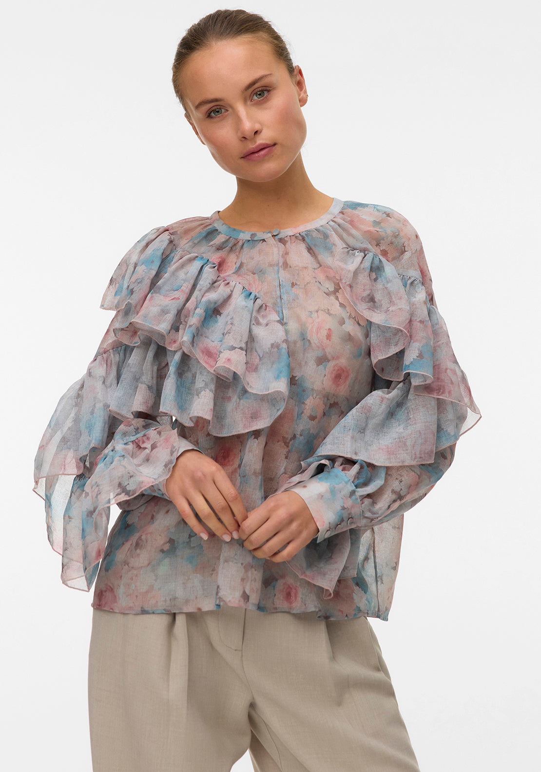 Vero Moda Sabrina Frill Sheer Floral Blouse, Multi - McElhinneys