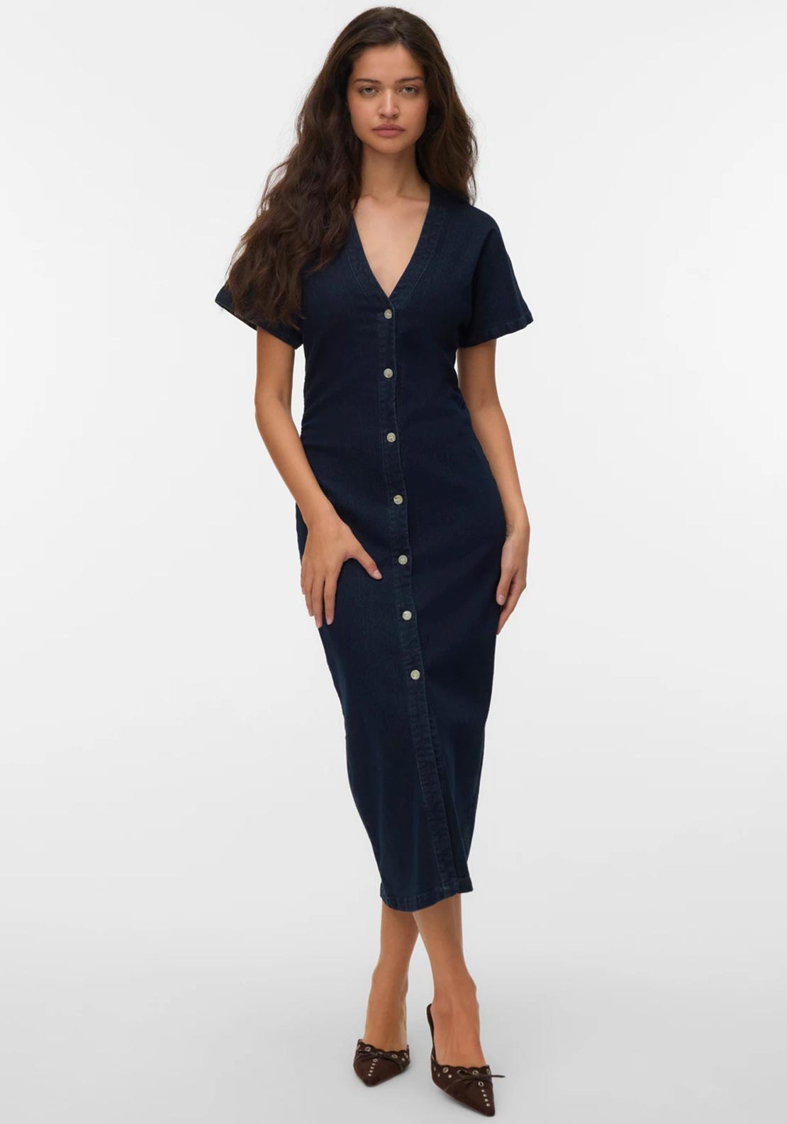 Vero Moda Sanni Short Sleeve V-Neck Midi Denim Dress, Dark Blue -  McElhinneys
