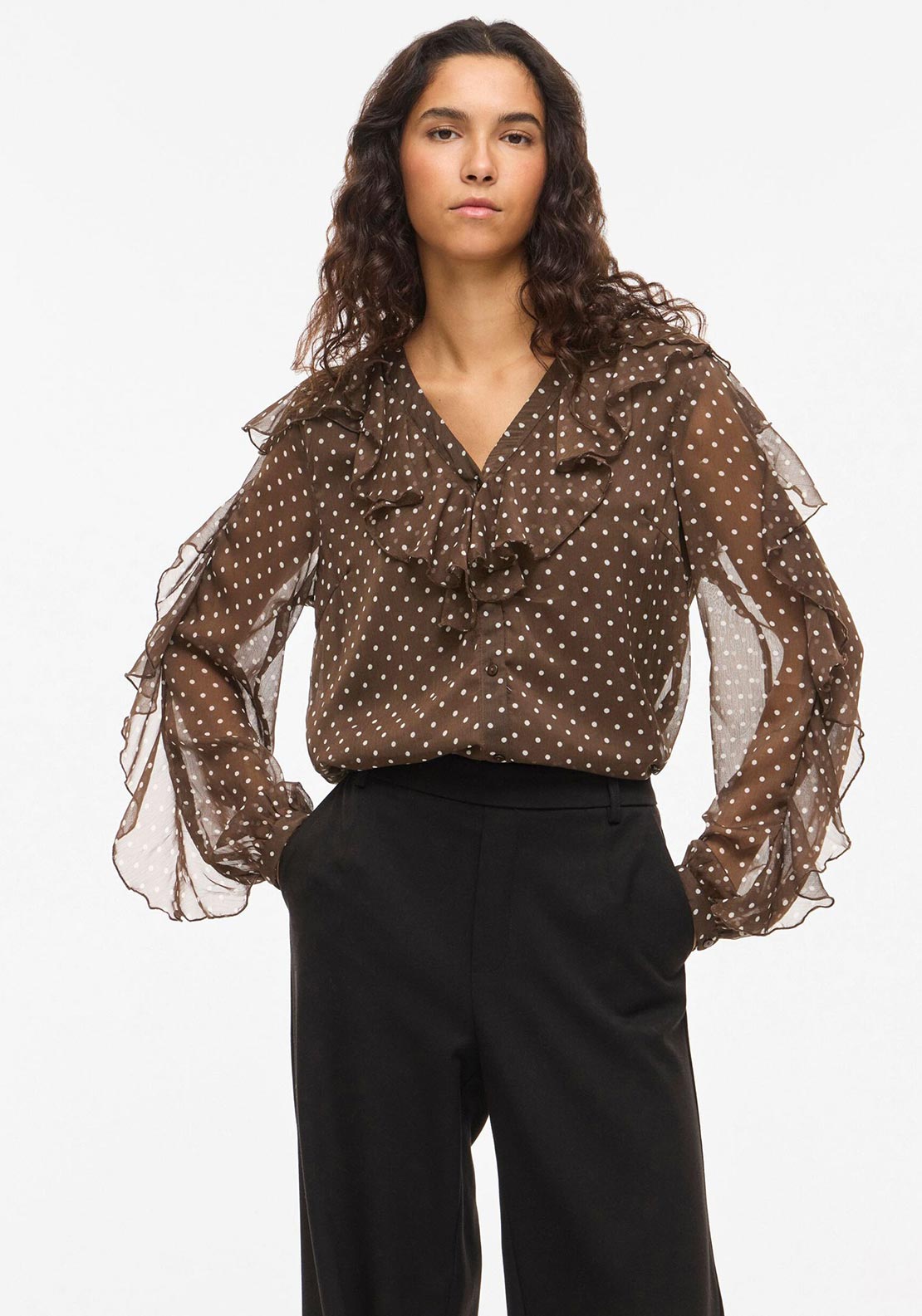 Vila Button Up Polka Dot Blouse, Brown