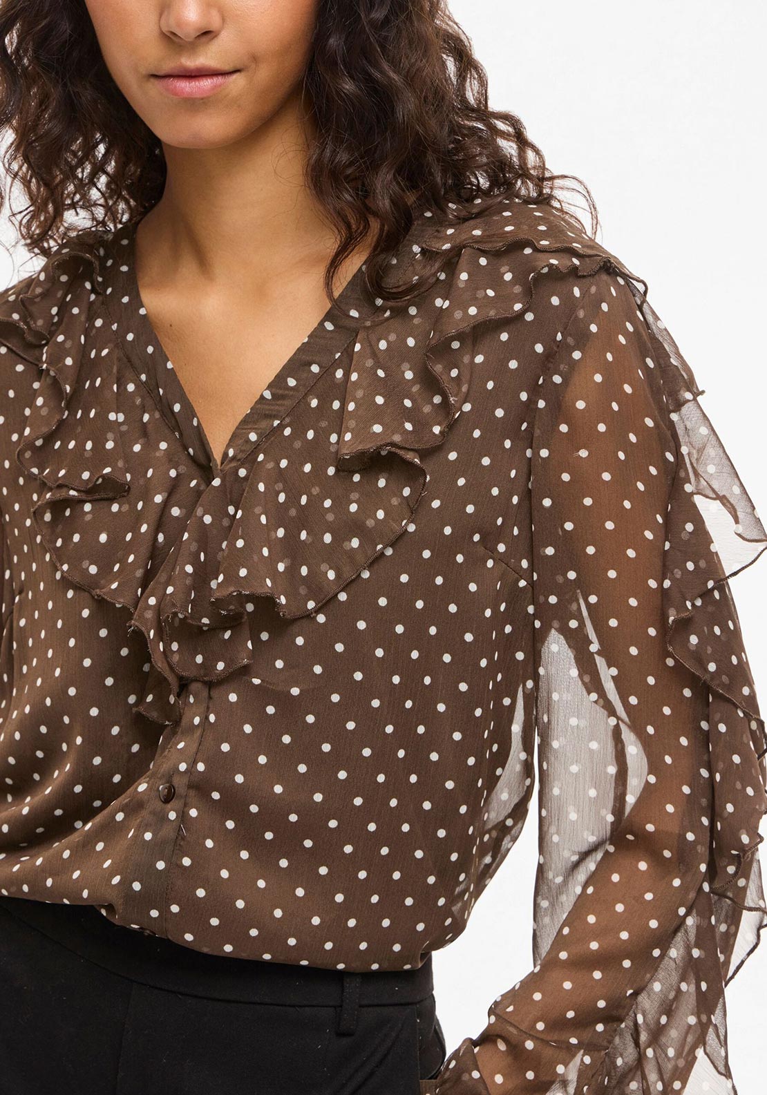 Vila Button Up Polka Dot Blouse, Brown