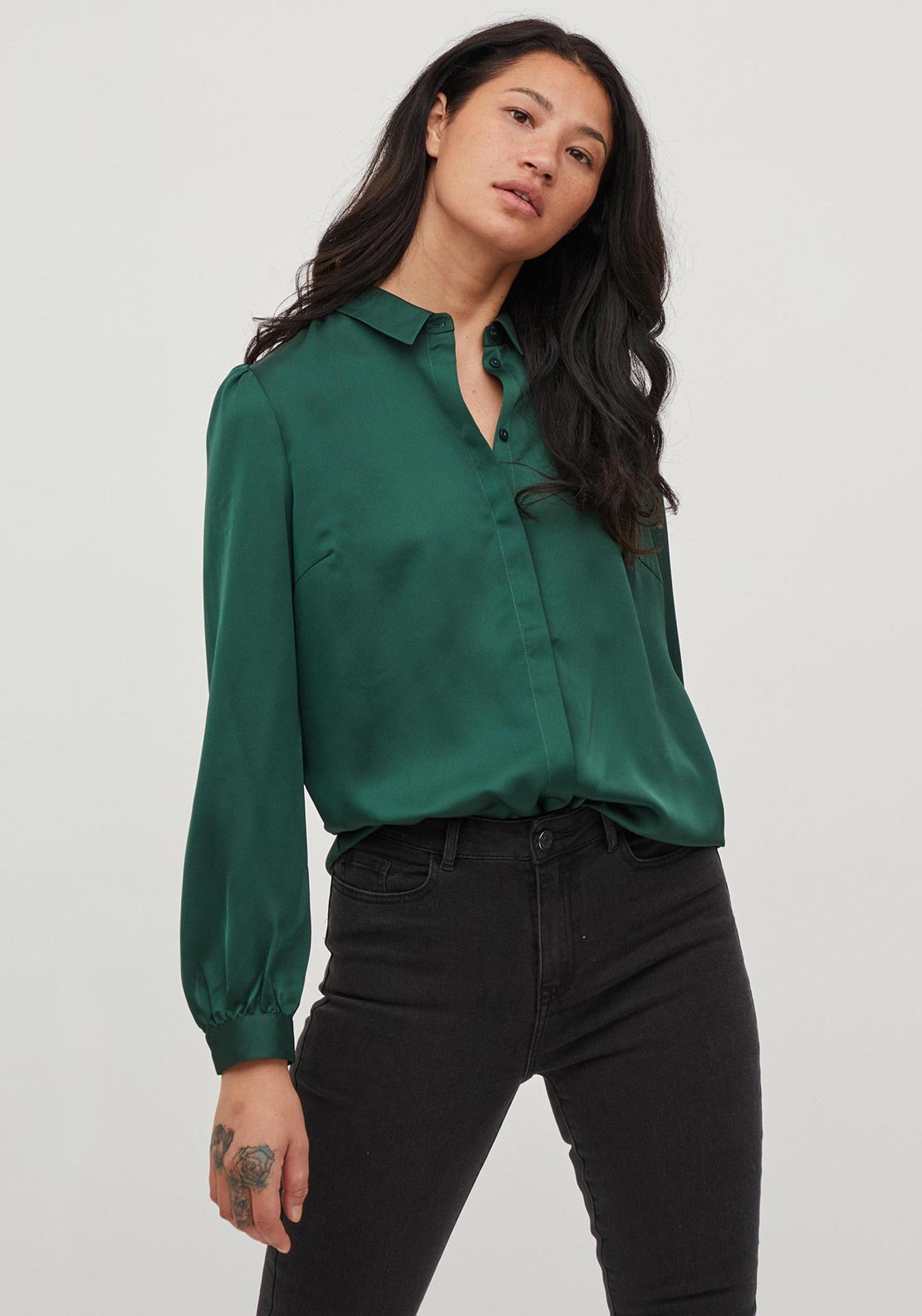 Ellette Satin L S Shirt Pineneedle