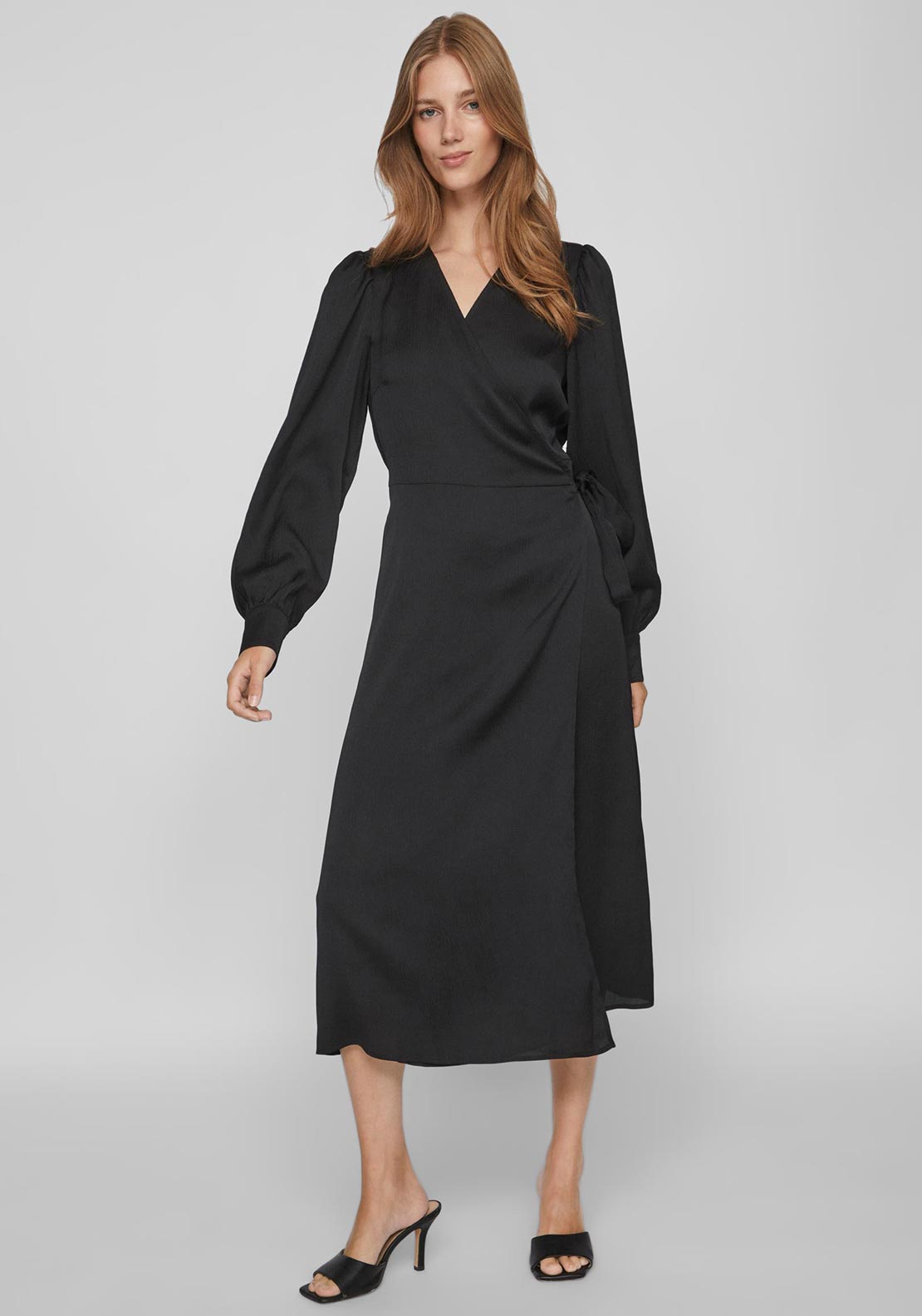 vila midi dress Vila Omi Satin Wrap Midi Dress, Black