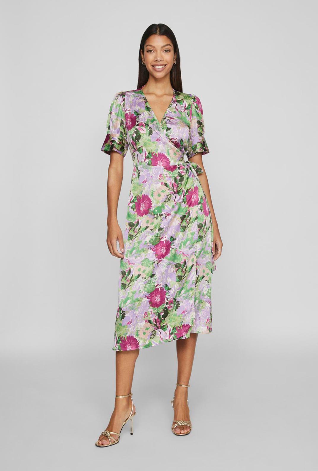 Vila Naria Floral Wrap Midi Dress, Fern Green - McElhinneys Vila Naria Floral Wrap Midi Dress, Fern Green - McElhinneys