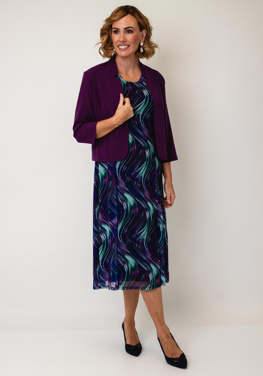 purple dress and jacket outfit SHEIN Lady Women's Purple White Floral A Line Dress And Bolero Jacket Outfit  For Special Occasions Garden Party Dinner Tea Party Church Autumn Elegant