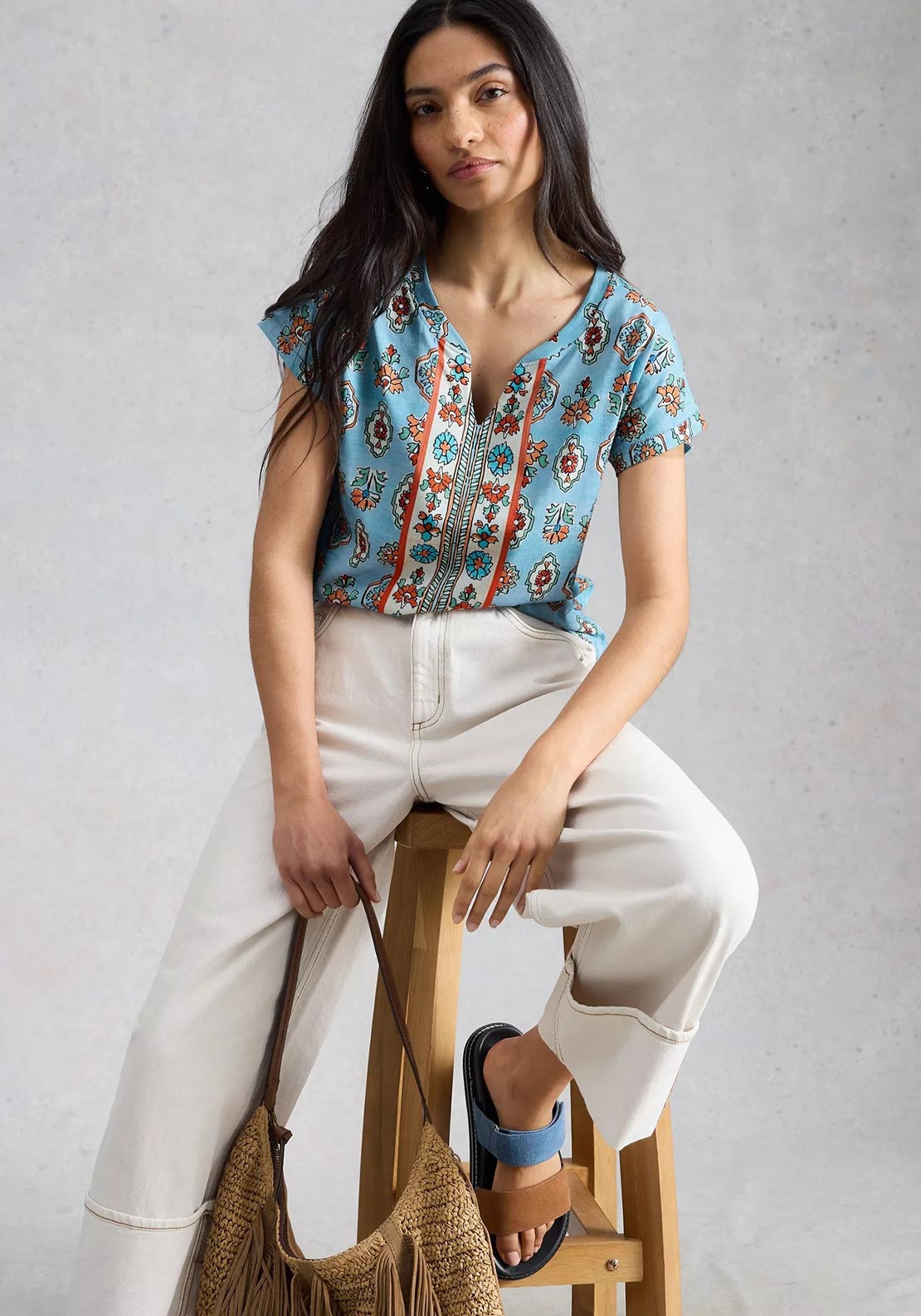 White Stuff Nelly Notch Neck Floral Print T-Shirt, Blue Multi