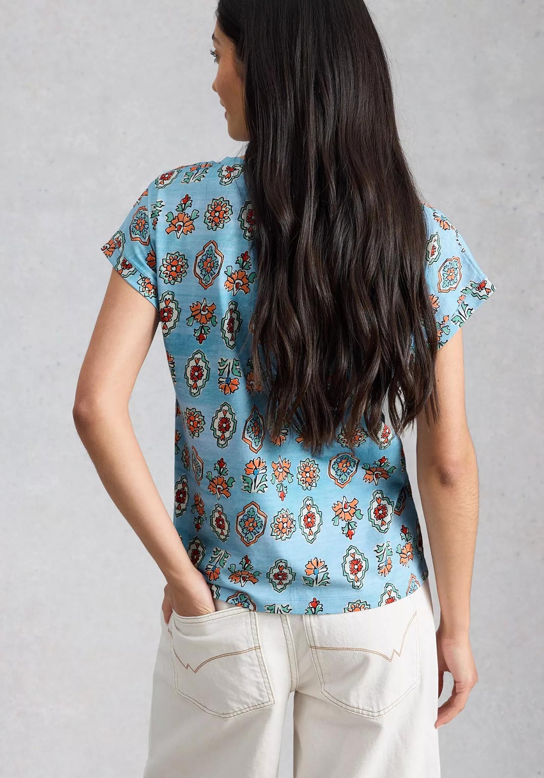 White Stuff Nelly Notch Neck Floral Print T-Shirt, Blue Multi