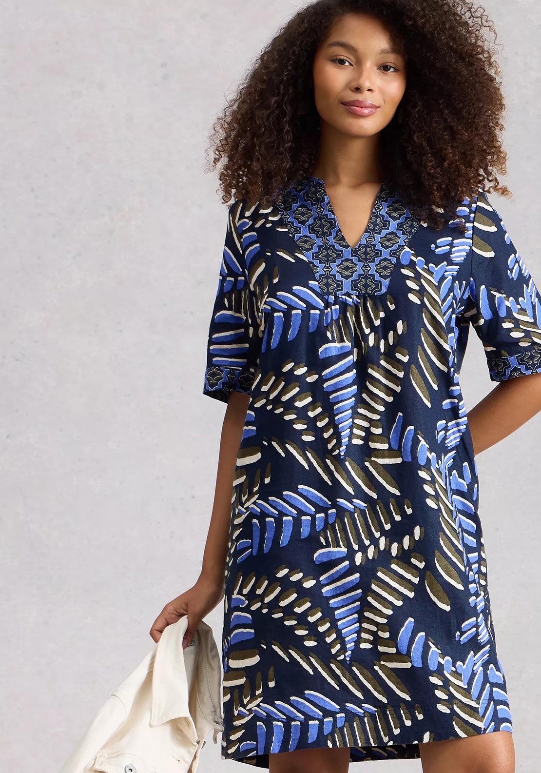 White Stuff Ash Notch Neck Linen Printed Dress, Navy Multi - McElhinneys White Stuff Ash Notch Neck Linen Printed Dress, Navy Multi - McElhinneys